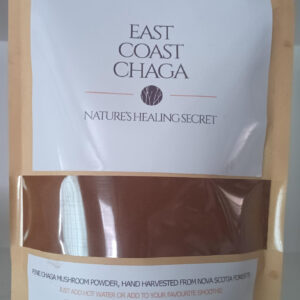A 200 gram bag filled with dark, finely ground East Coast Chaga powder